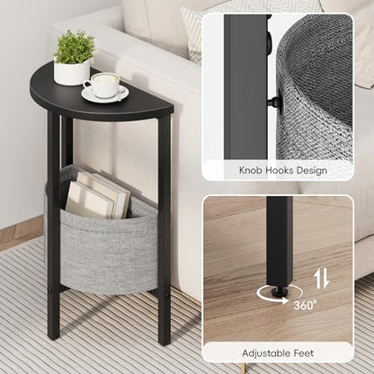 Small Round Side Table End Table, Tall Accent Table with Storage Basket, Set of 2 Half Round Tables Half Moon Tables, Coffee Bedside Tables, Modern Nightstand for Living Room Bedroom, Black - color: Black