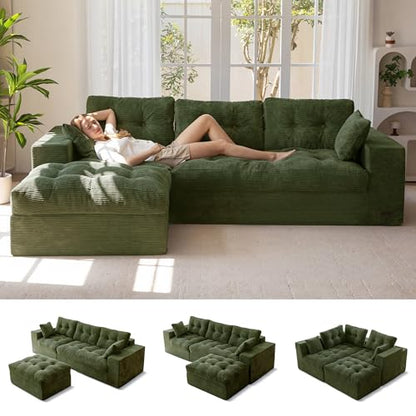MAXYOYO Boneless Couch, 104-Inch L-Shaped Cloud Couch with Ottoman | Dark Green Upholstered Sofa Features Layered Cushions and Flexible Modules with No Assembly, Ideal for Modern Living Rooms. - color: Dark Green, size: 104" L Shape
