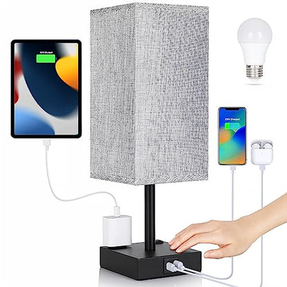 Bedside Table Lamp for Bedroom - Touch Small Lamp with USB C+A Charging Ports & AC Outlets, 3 Way Dimmable Nightstand Light for Living Room (LED Bulb Included, Grey) - color: Gray