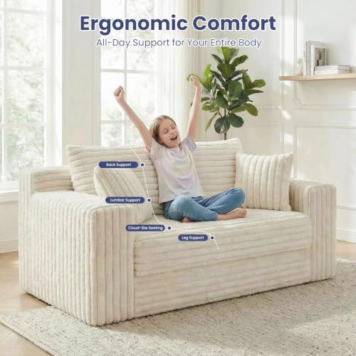 3-in-1 Convertible Sofa Bed: Boneless Loveseat Sleeper & Folding Couch Bed with 4 Pillows & Detachable Cushion,Furry Futon Couch for Bedroom,Apartment,Office and Living Room, No Assembly,Beige - color: D-beige, size: Loveseat Sofa