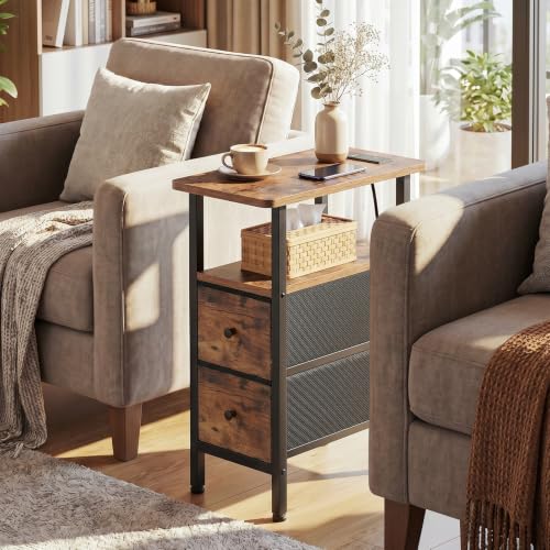 Narrow End Table with Charging Station, Small Nightstand | Skinny Side Tables Living Room with 2 Fabric Drawers, Slim Bedside Table for Bedroom, Small Spaces, Couch, Brown - color: Rustic Brown + Black, size: 23.22''H (2 Drawers), style: Power