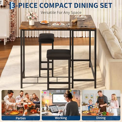 Bar Table and Chairs Set, 63'' L-Shaped Bar Table with 2 Stools, Counter Height Kitchen Table with Built-in Power Outlets, Left/Right/Straight Convertible Design, Faux Leather Upholstered Seating - color: Rustic