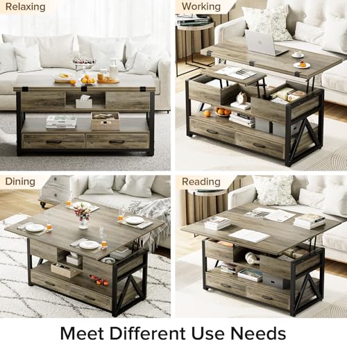 40" Lift Top Coffee Table with Storage,Grey | 4 in 1 Multi-Function Lifting top Coffee Tables with Storage Drawers and Hidden Compartmen,for Living Room - color: Grey