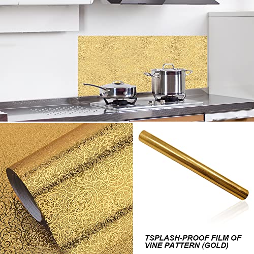 Yitexin Kitchen Backsplash Wallpaper, 15.7'' x 196.8'' Aluminum foil Stickers Contact Paper, Self-Adhesive Oil Proof Heat Resistant Wall Sticker for Countertop Drawer Shelf Liners (Gold)