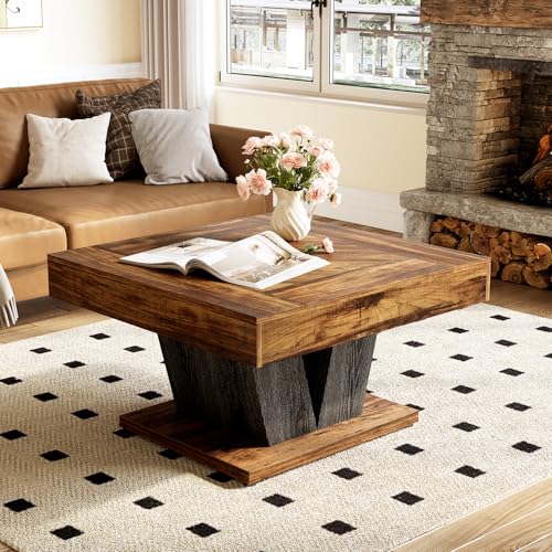 LITTLE TREE Square Coffee Table, Modern Rustic Coffee Table for Living Room, Wooden Table with Adjustable Feet, Brown - color: Brown + Black