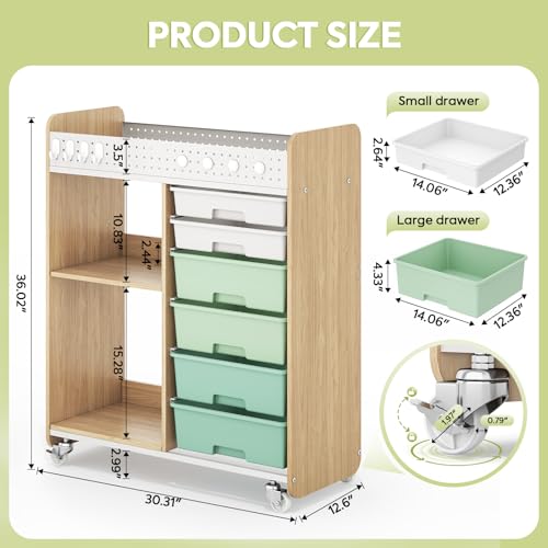 Rolling Craft Cart with 6 Drawers, Pegboard and Locking Wheels Green | Ample multi-zone storage, 2 open shelves, art cart for classrooms, homeschool and offices, sturdy wood-metal frame - color: Green