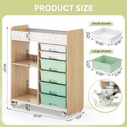 Rolling Craft Cart with 6 Drawers, Pegboard and Locking Wheels Green | Ample multi-zone storage, 2 open shelves, art cart for classrooms, homeschool and offices, sturdy wood-metal frame - color: Green