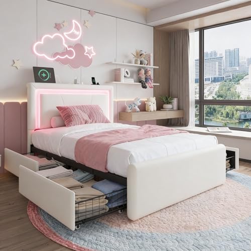 Twin Size Bed Frame with 4 Storage Drawers, Upholstered Headboard, White | Modern Bed, Charging Station, LED Light, Adjustable Height Headboard, Noise-Free, No Box Spring Needed, Easy Assembly - color: White, size: Twin