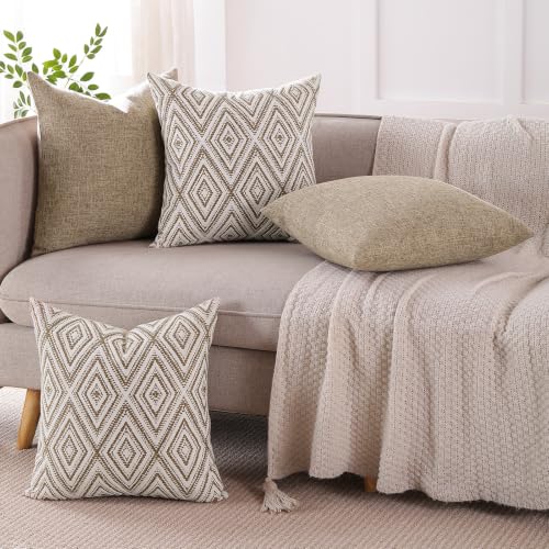 HPUK Throw Pillow Covers 18x18, Set of 4, Light Brown Couch Pillow Covers | Polyester fabric, patterned and solid designs, hidden zippers, machine washable, for sofas and beds, inserts not included - color: Light Brown, size: 18" x 18" (Pack of 4)