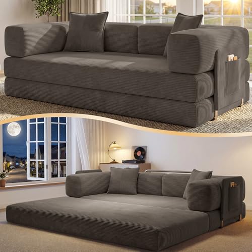 78.8" Convertible Futon Sofa Bed, Boneless Couch for Living Room | Corduroy Boneless Loveseat Sleeper Sofa, Modular Futon Couch with Storage Pocket, Pull Out Couch No Assembly | Taupe - color: Taupe