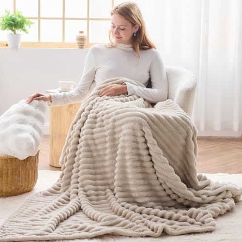 NEWCOSPLAY Fleece Ribbed Cozy Throw Blanket for Couch, Linen, 50"x60" | Premium Silky Flannel Blanket, Soft Lightweight Fluffy Throw Blanket for Bed Sofa Decor, Gift for All Season Use - color: Linen Ribbed, size: Throw(50"x60")