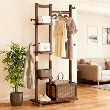 Solid Wood Clothes Rack with Wheels, Rolling Clothing Rack with 4 Shelves & 4 Hooks, Oak Coat Rack Freestanding Heavy Duty with Storage Basket, Coat Hanger Stand for Garment Bags Wallets Hats Shoes - color: Walnut