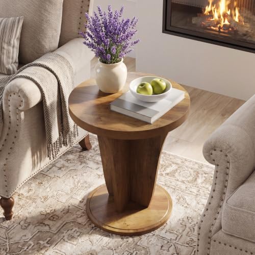 LITTLE TREE Round Side Table, Mid Century Space-Saving End Table | Modern Accent Nightstand for Small Space, Wood Drink Table for Living Room, Bedroom, Corner and Office, Easy Assembly, Brown