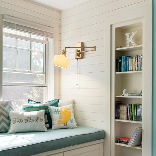 Swing Arm Wall Sconce 2-Pack, Brass Milk Glass Shade, 17.7" | Pull chain, E26 base, bedside vanity bathroom, mid century wall light - color: B-2Pack