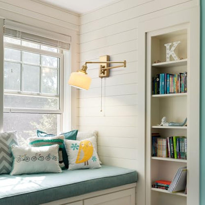 Swing Arm Wall Sconce 2-Pack, Brass Milk Glass Shade, 17.7" | Pull chain, E26 base, bedside vanity bathroom, mid century wall light - color: B-2Pack