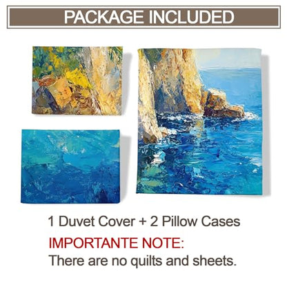 Ocean Bedding Duvet Cover Cliff Graphic Comforter Set | Turquoise Sea Duvet Cover Twin, 3 Pieces with 2 Pillowcases, Reversible Sunlit Coast Bedding with Zipper - color: Cliff Graphic, size: Twin (68 x 88 in)