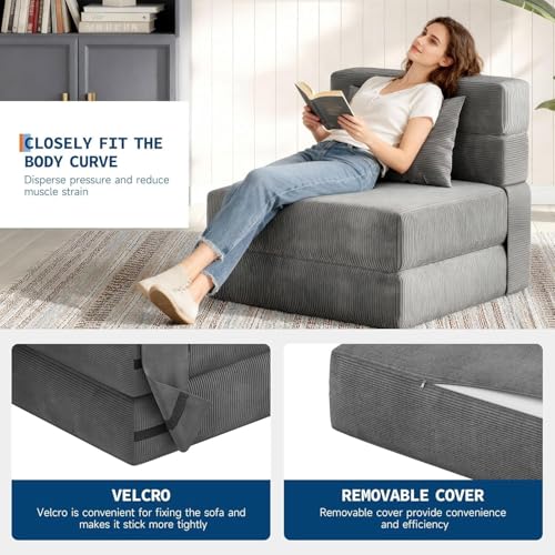 73" Folding Sofa Bed Sleeper Chair, Convertible Futon Couch with Pillow, Single Size Foldable Mattress for Living Room, Dorm, Apartment & Home Office, Modern Linen Fabric,Small