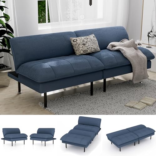 Ribilake 70" Futon Sofa Bed, 4 in 1 Multi-Function Couch Sleeper with Adjustable Backrest, Modern Convertible Futon, Recliner Small Loveseat for Living Room, Dorm, Blue - color: Blue, size: 1Set