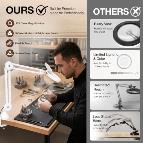 knitly Magnifying Glass with Light, 15X Optical Glass Lamp for Close Work, 5 Color Modes, 9 Brightness Levels, Hands-Free Desk Clamp for Jewelry, Crafts, Soldering, Reading, Nail Detail, Snow White