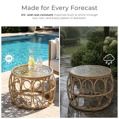 Furniture of America Ysar Boho Rattan Round Coffee Table Outdoor with 5mm Tempered Glass Top, All-Weather and Rust Resistant Patio Furniture - color: Natural/18.9 In.