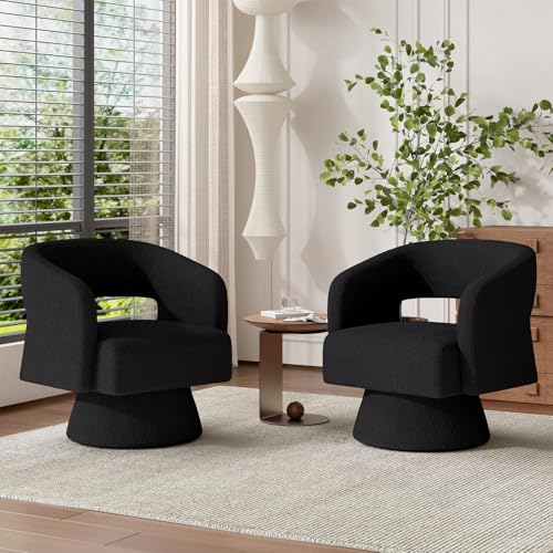 Luxanimarion Swivel Barrel Accent Chair,Oversized Teddy Upholstered Round Swivel Chair,Modern Luxury 360 Degree Living Room Vanity Chair for Bedroom Office,Black,2PCS - color: Black-teddy Fabric, size: Set of 2