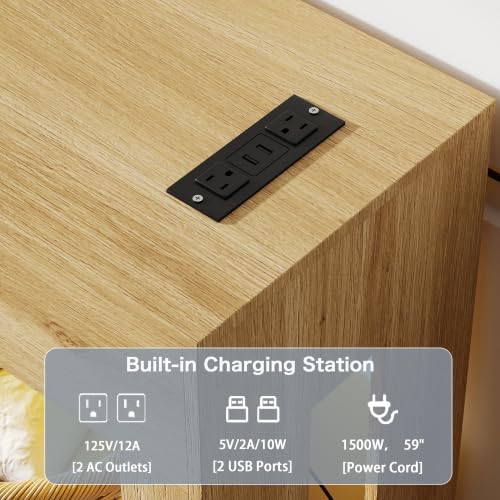 Wood Console Table Entryway：47" Oak Narrow Entryway Table with Outlet | Behind the Couch Tables with LED, Modern Console Tables for Hallway, Living Room