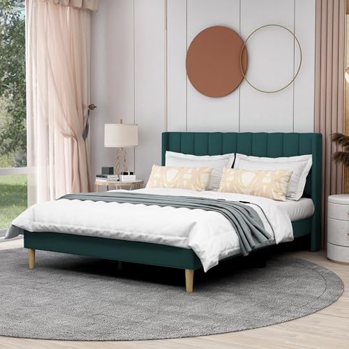 AGARTT Upholstered Platform Bed Frame Queen Size, Ink Green Velvet | Headboard and Footboard/Wooden Slats Support/No Box Spring Needed/Easy Assembly - color: Ink Green Velvet, size: Queen