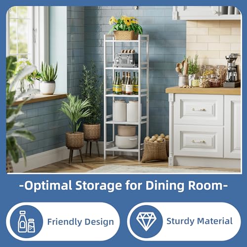 HITNET 5 Tier Bamboo Shelf, Tall Narrow Bookcase, Freestanding Bathroom Storage Unit with Adjustable Shelves, Modern Display Standing Bookshelf for Living Room, Bedroom, Home Office, White - color: White