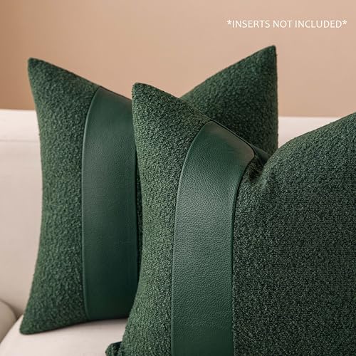 2 Packs Olive Green Decorative Boucle Pillow Covers 18x18 Inch Textured Faux Leather Cozy Throw Pillows for Couch, Soft Solid Boho Fluffy Accent Pillowcases for Bed Living Room Home DéCor - color: Olive Green