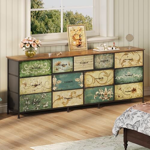 Dresser for Bedroom Chest of Drawers Fabric Dresser for Closet, Nursery Entryway Hall Tree TV Stand for Living Room Retro Floral Pattern Wooden Top (13 Drawers) - size: 13"D x 70.9"W x 26.8"H (13 Drawers)