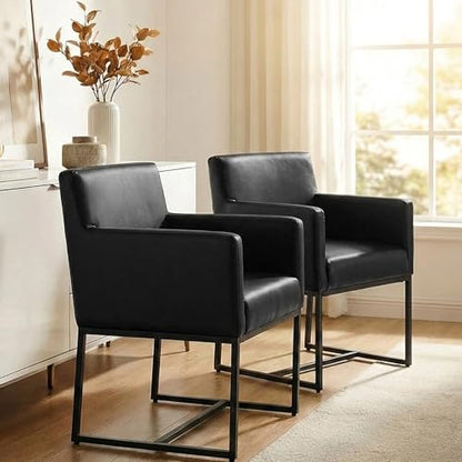 Faux Leather Upholstered Dining Chairs with Arms Set of 2, Mid Century Modern Padded Kitchen Chair with Black Metal Frame for Restaurant, Dining Room, Black - color: Black
