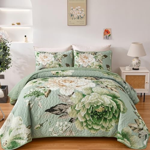 WONGS BEDDING Floral Quilt Set Queen, Sage Green 3 Pieces Elegant Flower Bedspread Coverlet for All Season Soft Microfiber Lightweight Reversible Quilt Bedding Set with 2 Pillow Shams 96"X90" - color: Sage Green, size: Queen 90"×96"