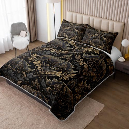 AILONEN Damask Elephant Queen Quilted Comforter Set, Black Gold Printed Bedding with 2 Pillowcases, Microfiber Filling, Master Family Bedroom - color: Black Striped Elephant, size: Queen