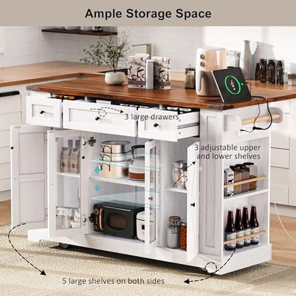 53'' Farmhouse Kitchen Island with Drop Leaf, Power Outlet,Tempered Glass Cabinet Doors,Rolling Kitchen Cart on Wheels for Dining Room or Living Room (White/P) - color: White/P)
