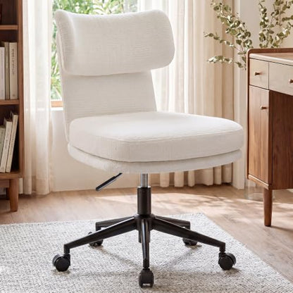 COMHOMA Home Office Desk Chairs with Ergonomic Curved Backrest, Mid Century Modern Vanity Chair with Wheel for Bedroom, Chenille Upholstered, White - color: White, Chenille