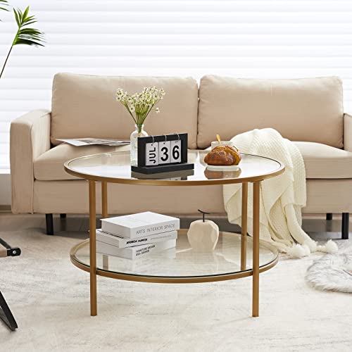 VINGLI 30" Glass Coffee Table, Round Coffee Tables Living Room, Matte Gold | 2-Tier Clear Coffee Table with Storage, Circle Side Table Metal Frame, Modern Center Table Mesa de Centro para Sala - color: Clear-matte Gold, size: 30.7"