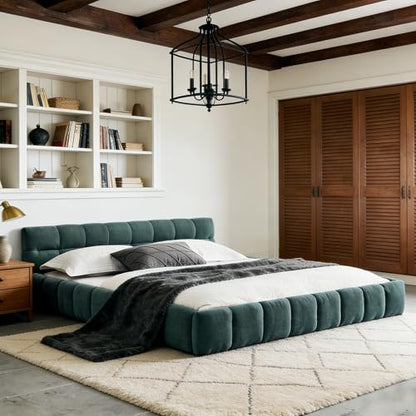 Chenille Fabric Upholstered Platform Bed Frame with Soft Headboard, Modern Low Profile Grounded Design, No Box Spring Needed, Sturdy MDF & Wood Frame, Neutral Style (Blue green, King (U.S. Standard)) - color: Blue Green, size: King (U.S. Standard)