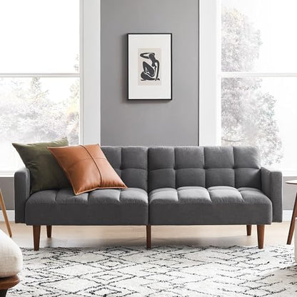 mopio 76.4" Futon Sofa Bed Tufted Styled, Sleeper Couch (Dark Grey Fabric) | A textured seat folds flat for sleepovers; snug proportions slip into lofts and small lounges. - color: Dark Grey Fabric
