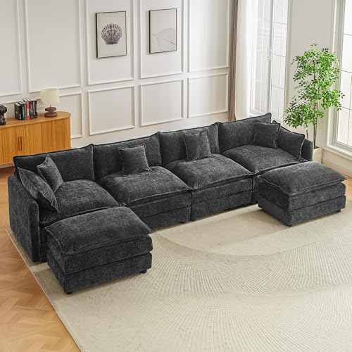 Modular Sectional Sofa, 147.2 Inch U Shaped Couch Set with Armrests, 4-Seater Comfy Cloud Couches with Movable Ottoman for Living Room Apartment, Grey - color: Grey, size: 147.2'' - U Shape
