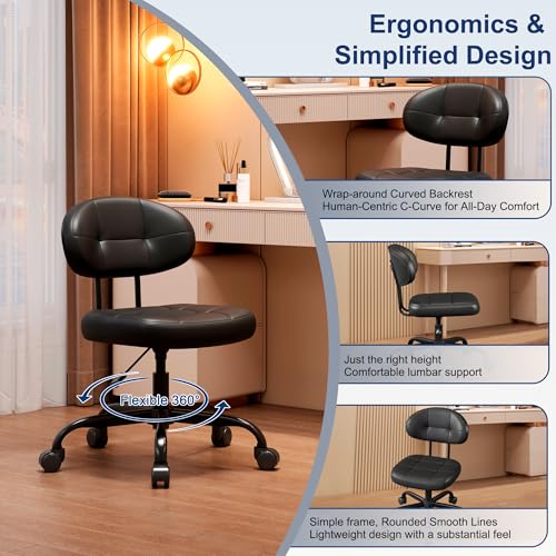 Misolant Vanity Chair with back, Small Armless Cute office Chair with wheels and Lumbar support, Comfy PU Leather Desk Computer Chairs with Adjustable Height, 360°Swivel for Home Bedroom Office, Black - color: Black