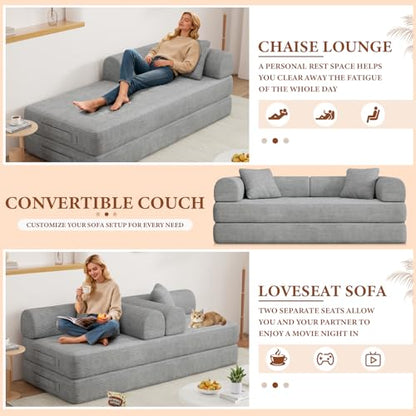 77" Convertible Sofa Bed, Modular Folding Futon Corduroy Floor Foam Compressed Loveseat Sleeper Sofa Couch, Pull Out Queen Size Couch Bed with 2 Pillows for Living Room Guest Room Studio, Light Grey