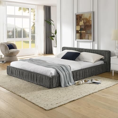 Queen Size Upholstered Bed Frame, Modern Grounded Bed with Solid Wood Slats, Pleated Headboard, Sturdy Construction, No Box Spring Needed, Grey (Grey, Queen) - color: Grey