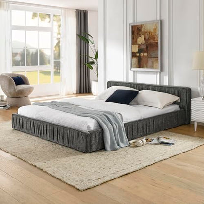 Queen Size Upholstered Bed Frame, Modern Grounded Bed with Solid Wood Slats, Pleated Headboard, Sturdy Construction, No Box Spring Needed, Grey (Grey, Queen) - color: Grey