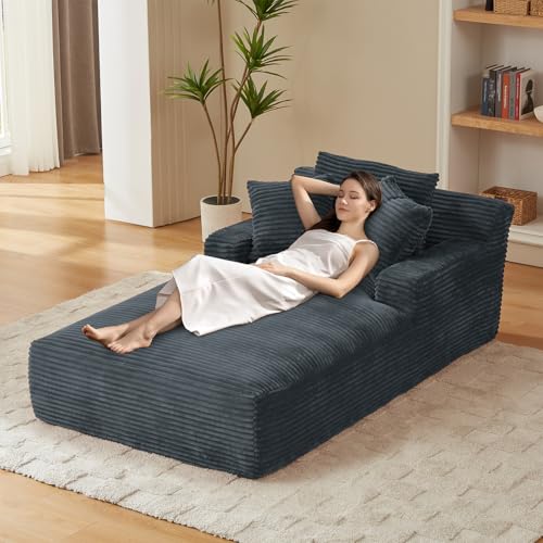 80 Inch Chaise Lounge Chair Indoor, Oversized Corduroy Upholstered Boneless Sofa Bed, Deep Seat Sleeper Couch Reading Chairs, Cloud Sofas Couches for Living Room, No Assembly Required (Dark Grey) - color: Dark Grey, size: 50"W x 80"D