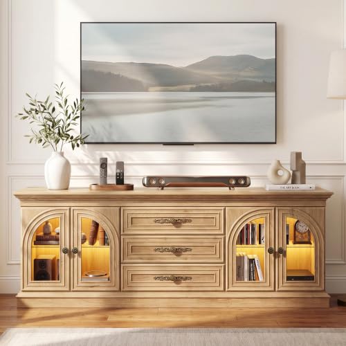 JUMMICO 63 Inch LED Farmhouse TV Stand for Living Room (Oak) | Farmhouse TV Console for TVs Up to 70 Inch, 2 Glass Doors Cabinets & 3 Drawers, Wood Entertainment Center for Living Room - color: Oak, size: TV Stand(No Charge Station)