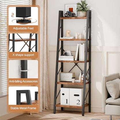 Shintenchi 5 Tier Ladder Shelf, Freestanding Corner Storage Shelves with Adjustable Feet and Anti-Falling Kit, Industrial Bookcase for Living Room, Bedroom, and Home Office, Rustic Brown - size: 16.7'' W x 12'' D x 55.8'' H-no Drawer