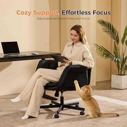 amseatec Criss Cross Office Chair, Swivel Makeup Vanity Chair with Wheels | Wide PU seat for cross-legged, fidget-friendly sitting; 5-level armrests create pet space; wipe-clean; cat scratch pad option - color: Black Linen