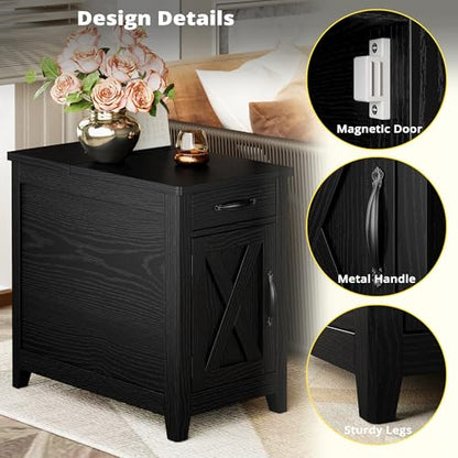 IRONCK End Table with Charging Station, Narrow Side Table, Black | Bedside table. Farmhouse nightstand with drawer, cabinet, flip-top, and cup holder, wood grain, for home - color: Black