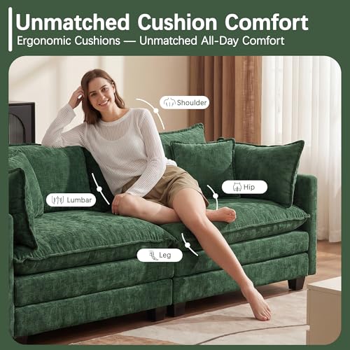 Oversized Loveseat Sofa, 70" Sectional Cloud Couch, 2 Seat Modern Comfy Sofa Chenille Deep Seat Couches with 2 Pillows, for Small Apartment, Bedroom, Living Room（Green 70" Loveseat） - color: Green, size: 70" Loveseat
