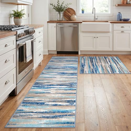 Lansny Modern Abstract Washable Kitchen Rug Non Slip Set of 2, 2x3 and 2x6 | Blue;Thin Printed Faux Wool;Rug and Runner Set;Throw Rugs for Bedside, Hallway, Entryway, Laundry Room;Floor Carpet Runner - color: Blue Aqua/Beige Taupe Multi, size: 2' x 6' (Se